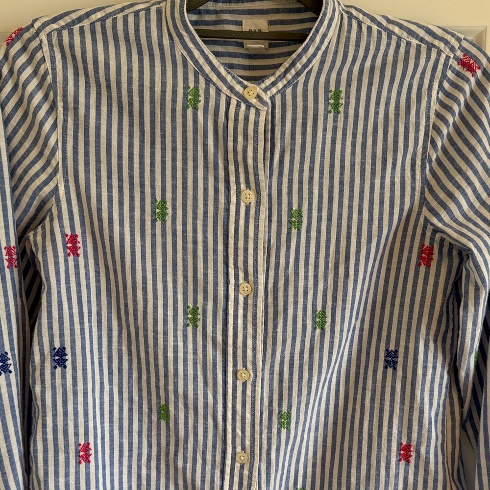 GAP Size XS Linen Cotton Blend Colorful Embroidered Blue Striped Tunic